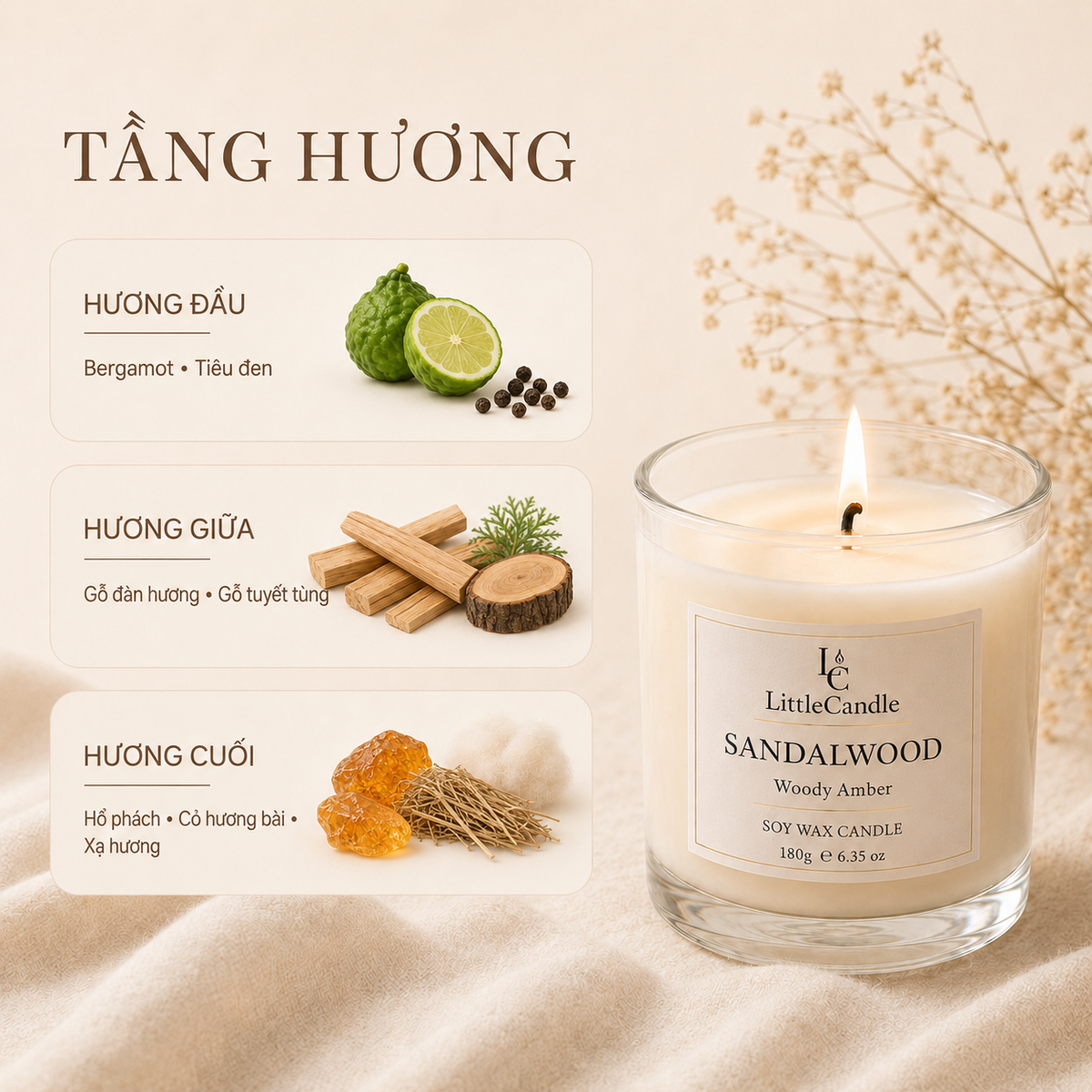 Nến thơm LittleCandle hương gỗ đàn hương trầm ấm, trang trí không gian – JC-004