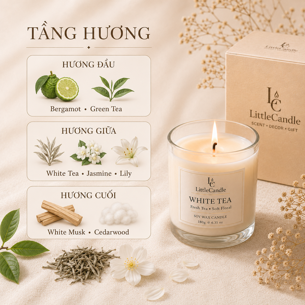 Nến thơm LittleCandle hương trà trắng thanh sạch, nhẹ nhàng, thơm phòng và trang trí – JC-002