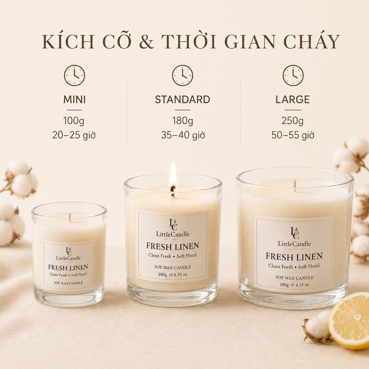 Nến thơm LittleCandle hương vải sạch nhẹ nhàng, thơm phòng và trang trí nhà – JC-007