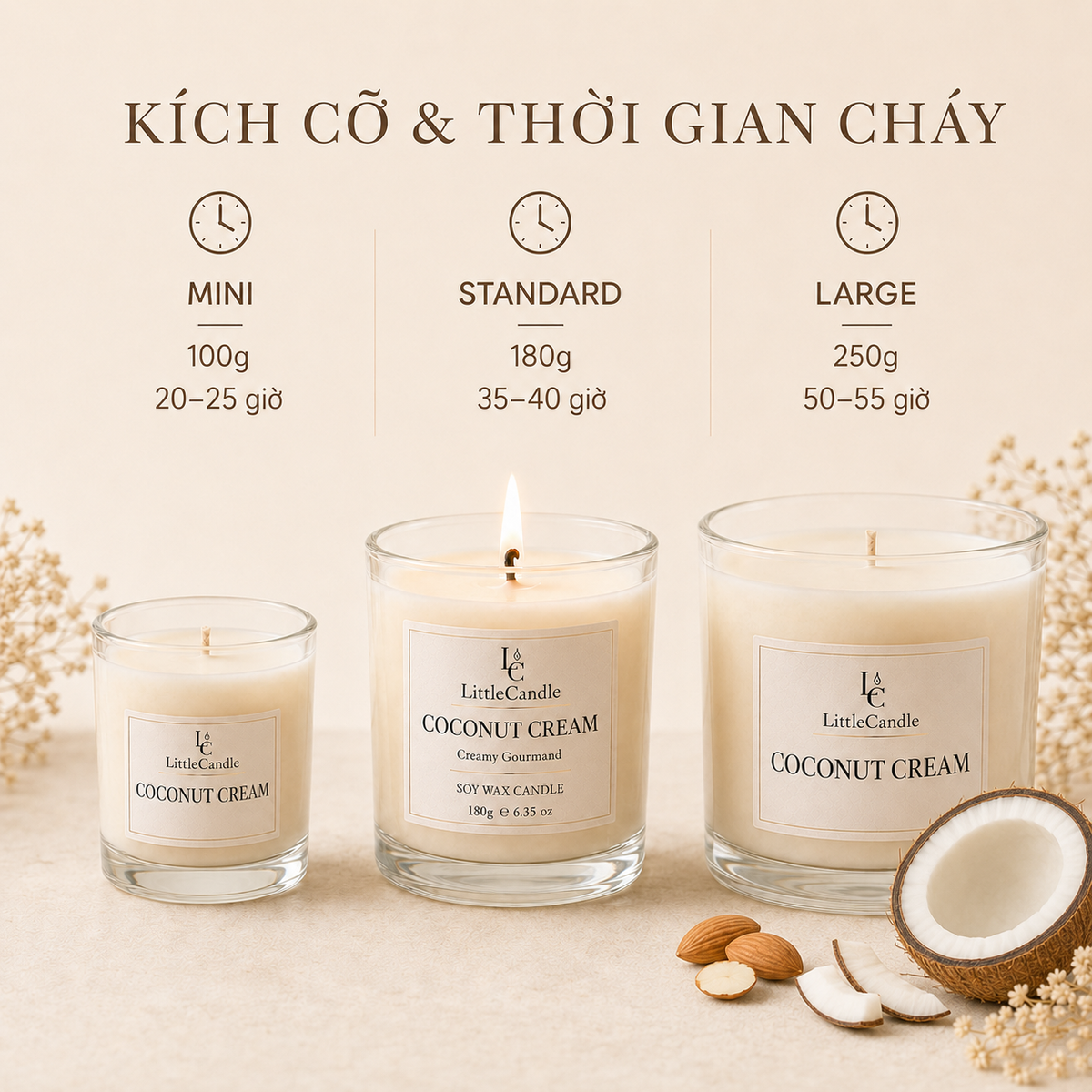 Nến thơm LittleCandle hương dừa sữa và vani béo nhẹ, ngọt ấm, trang trí phòng – JC-006