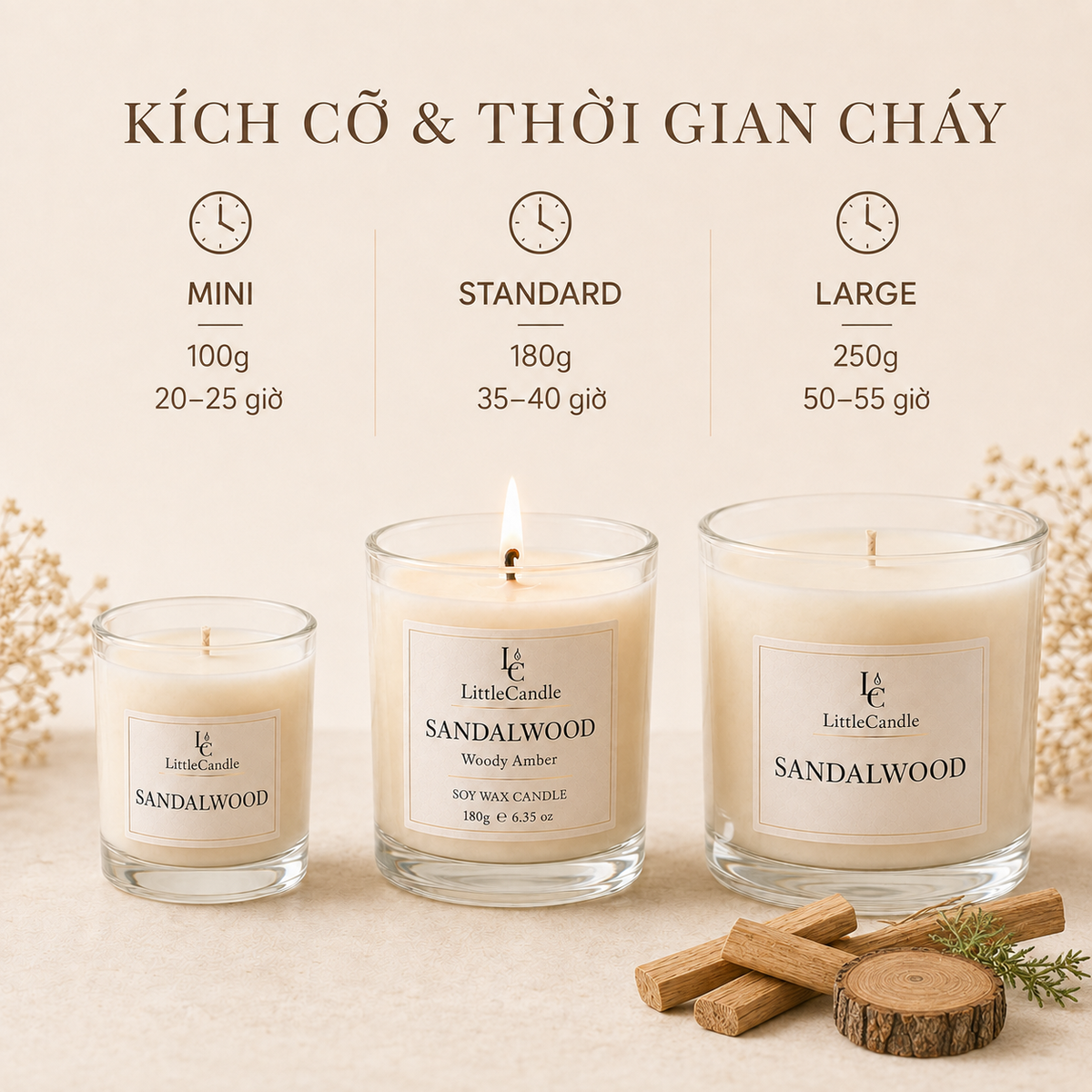 Nến thơm LittleCandle hương gỗ đàn hương trầm ấm, trang trí không gian – JC-004