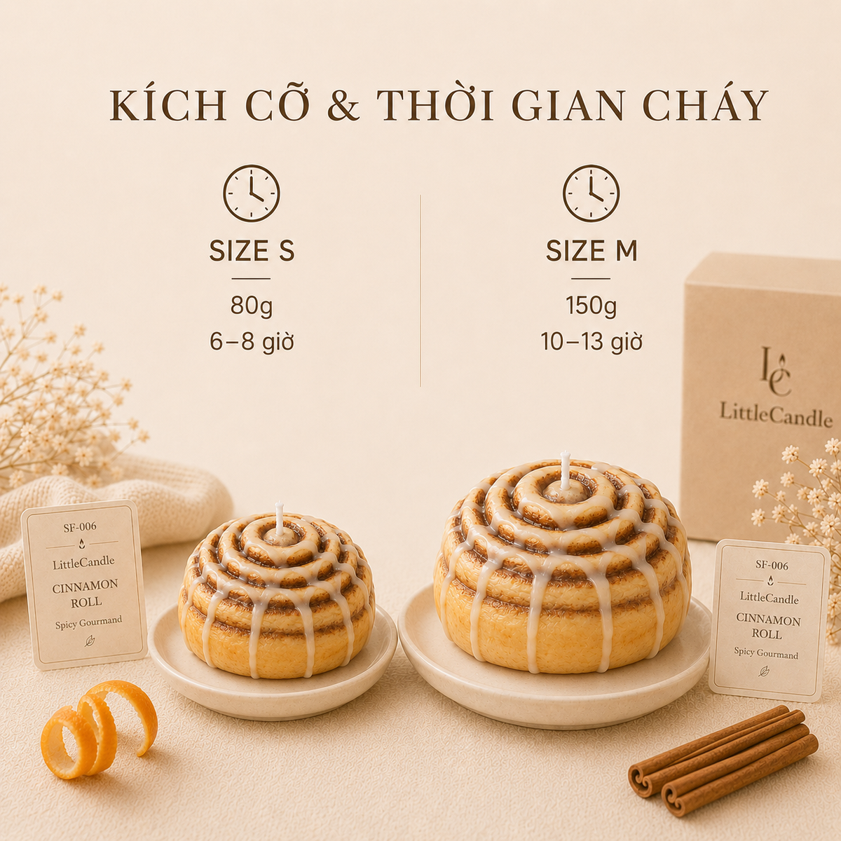 Nến thơm tạo hình bánh cuộn quế LittleCandle hương quế và vani, trang trí góc cà phê – SF-006