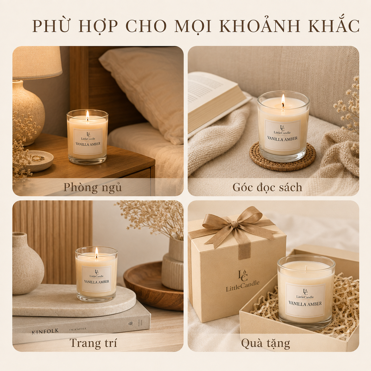 Nến thơm LittleCandle hương vani hổ phách ngọt ấm, trang trí phòng và thư giãn – JC-001
