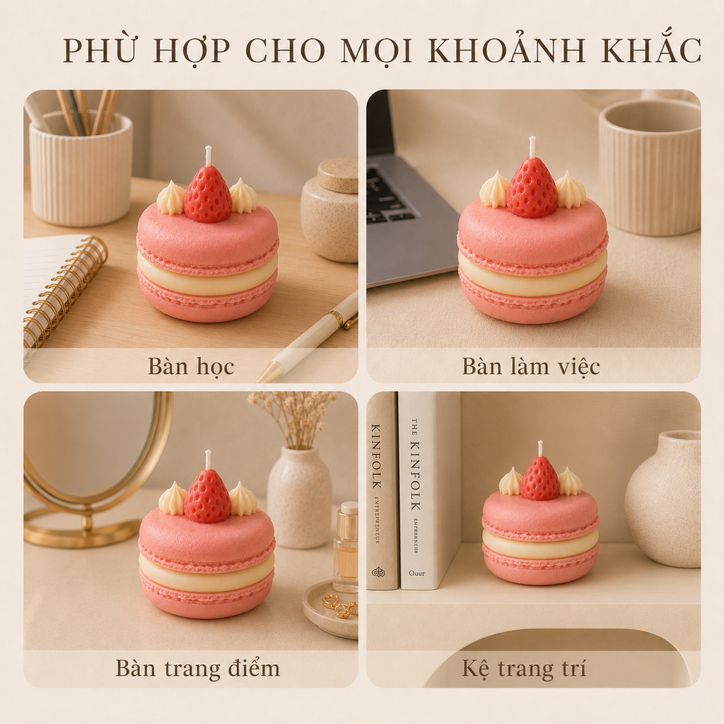 Nến thơm tạo hình bánh macaron dâu LittleCandle, trang trí và làm quà tặng – SF-004