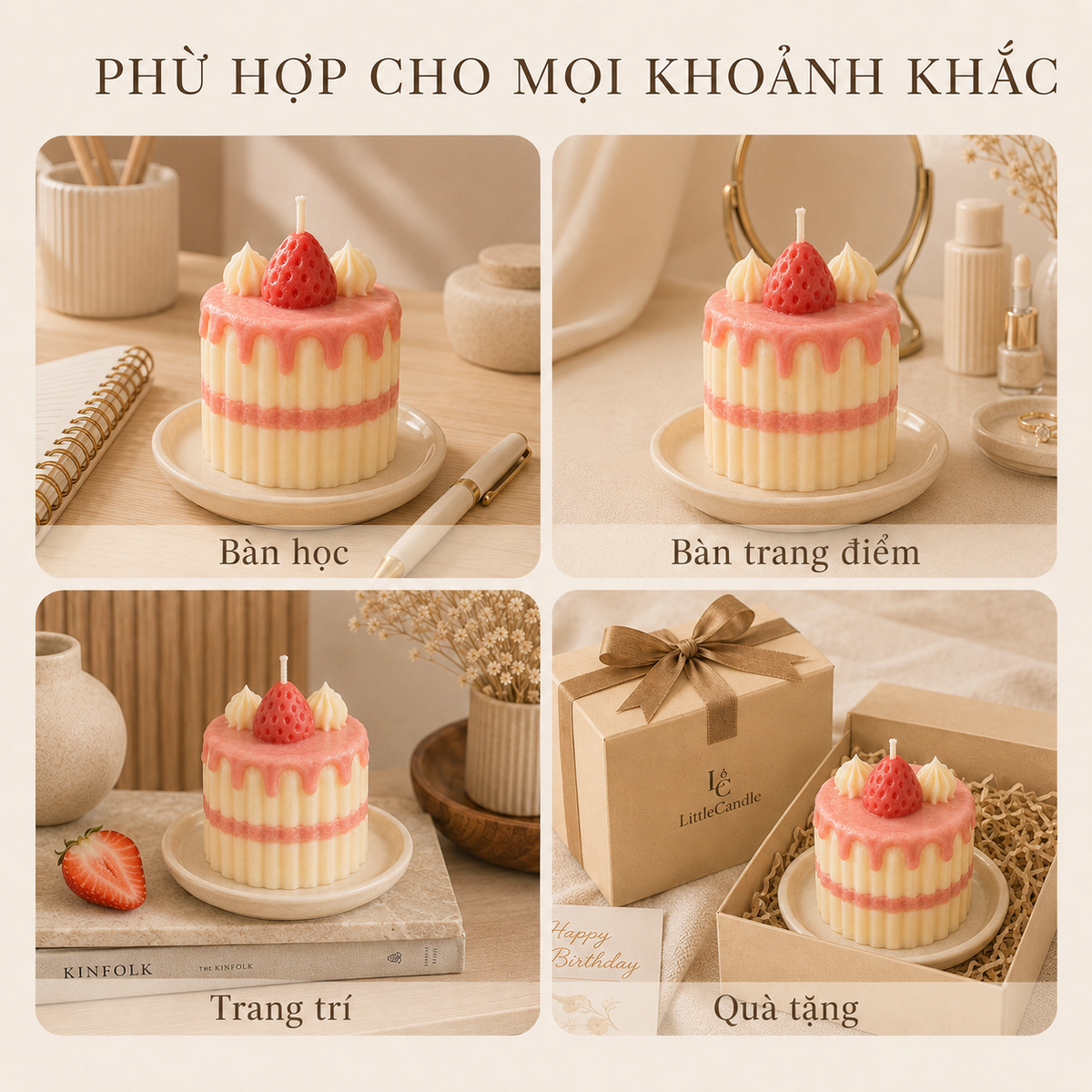Nến thơm tạo hình bánh kem dâu LittleCandle, trang trí và làm quà tặng – SF-001