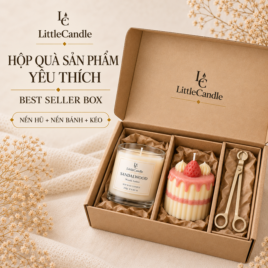 Bộ quà tặng bán chạy LittleCandle gồm nến hương gỗ đàn hương, nến bánh dâu và kéo cắt bấc – GS-007