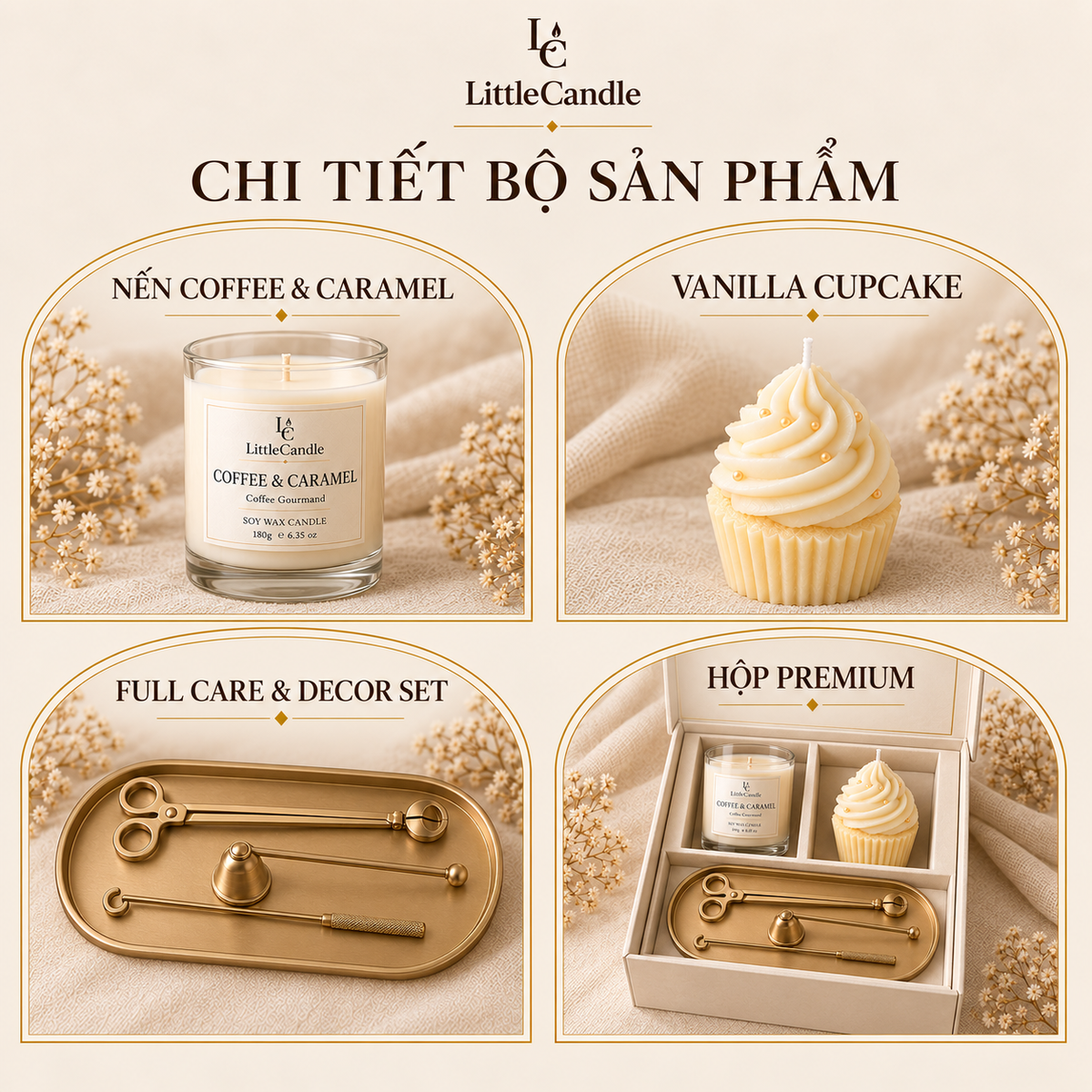 Bộ quà tặng nến thơm cao cấp LittleCandle gồm nến hương cà phê caramel, nến bánh kem vani và bộ dụng cụ chăm sóc – GS-008