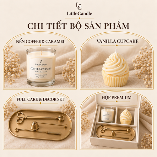 Bộ quà tặng nến thơm cao cấp LittleCandle gồm nến hương cà phê caramel, nến bánh kem vani và bộ dụng cụ chăm sóc – GS-008