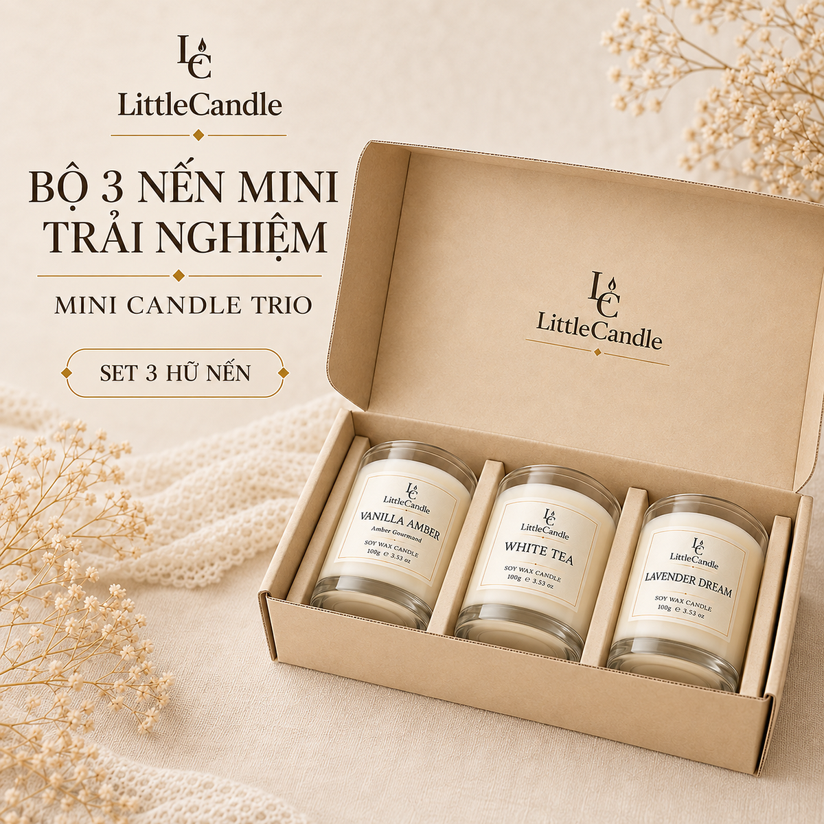 Bộ quà tặng ba nến thơm cỡ nhỏ LittleCandle gồm hương vani hổ phách, trà trắng và oải hương – GS-001