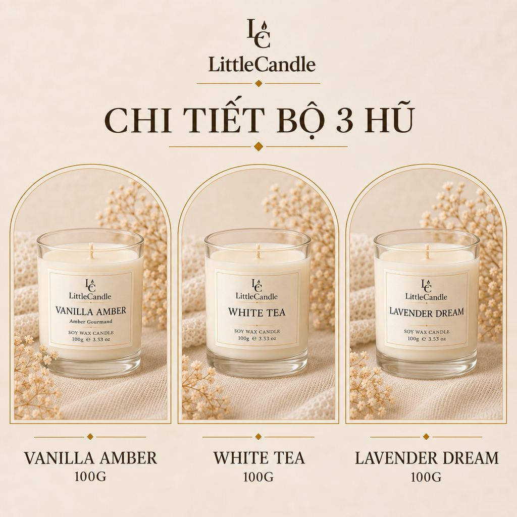 Bộ quà tặng ba nến thơm cỡ nhỏ LittleCandle gồm hương vani hổ phách, trà trắng và oải hương – GS-001
