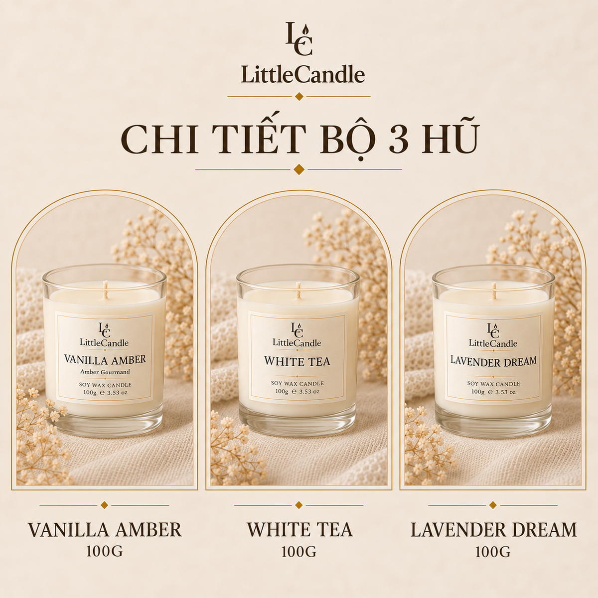 Bộ quà tặng ba nến thơm cỡ nhỏ LittleCandle gồm hương vani hổ phách, trà trắng và oải hương – GS-001