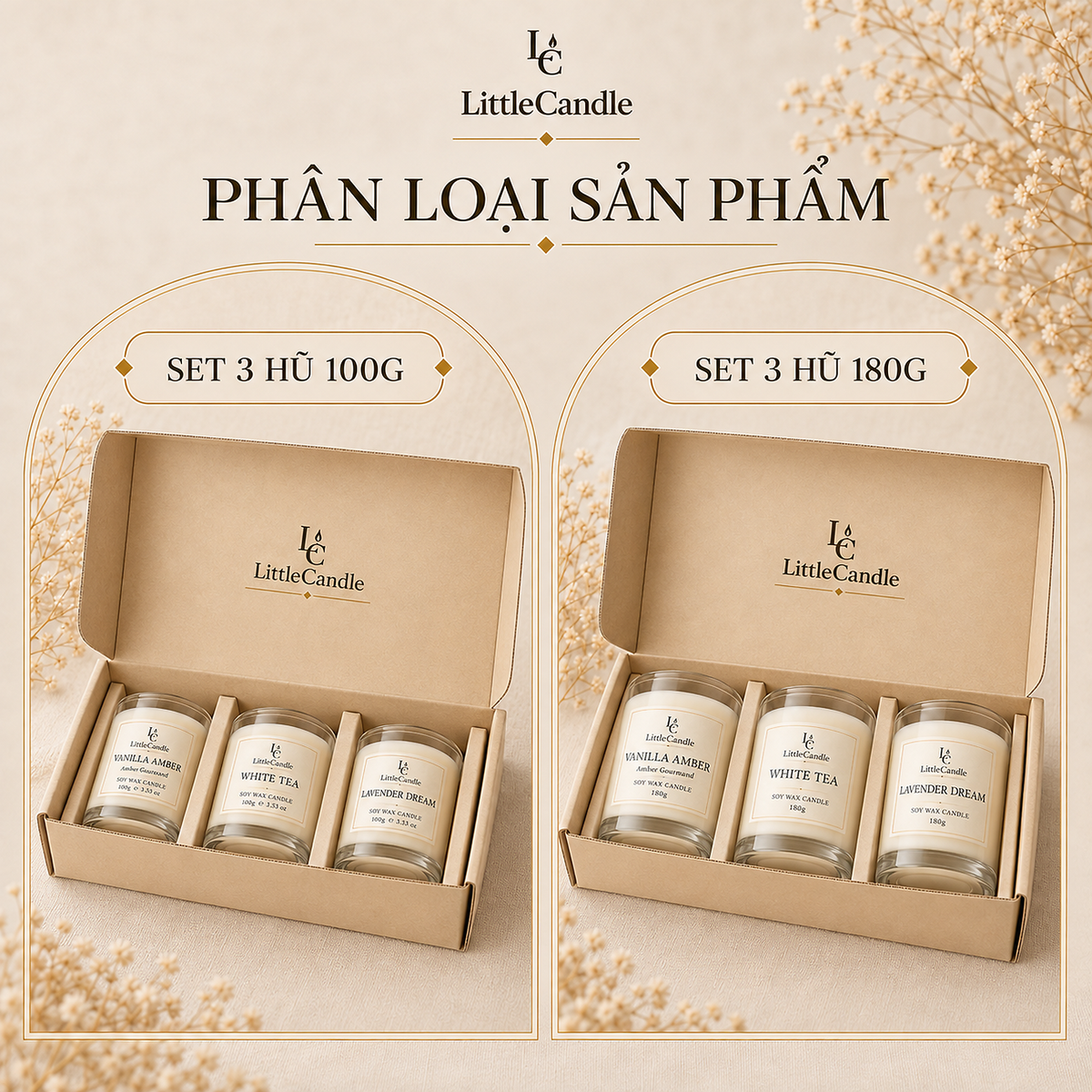 Bộ quà tặng ba nến thơm cỡ nhỏ LittleCandle gồm hương vani hổ phách, trà trắng và oải hương – GS-001