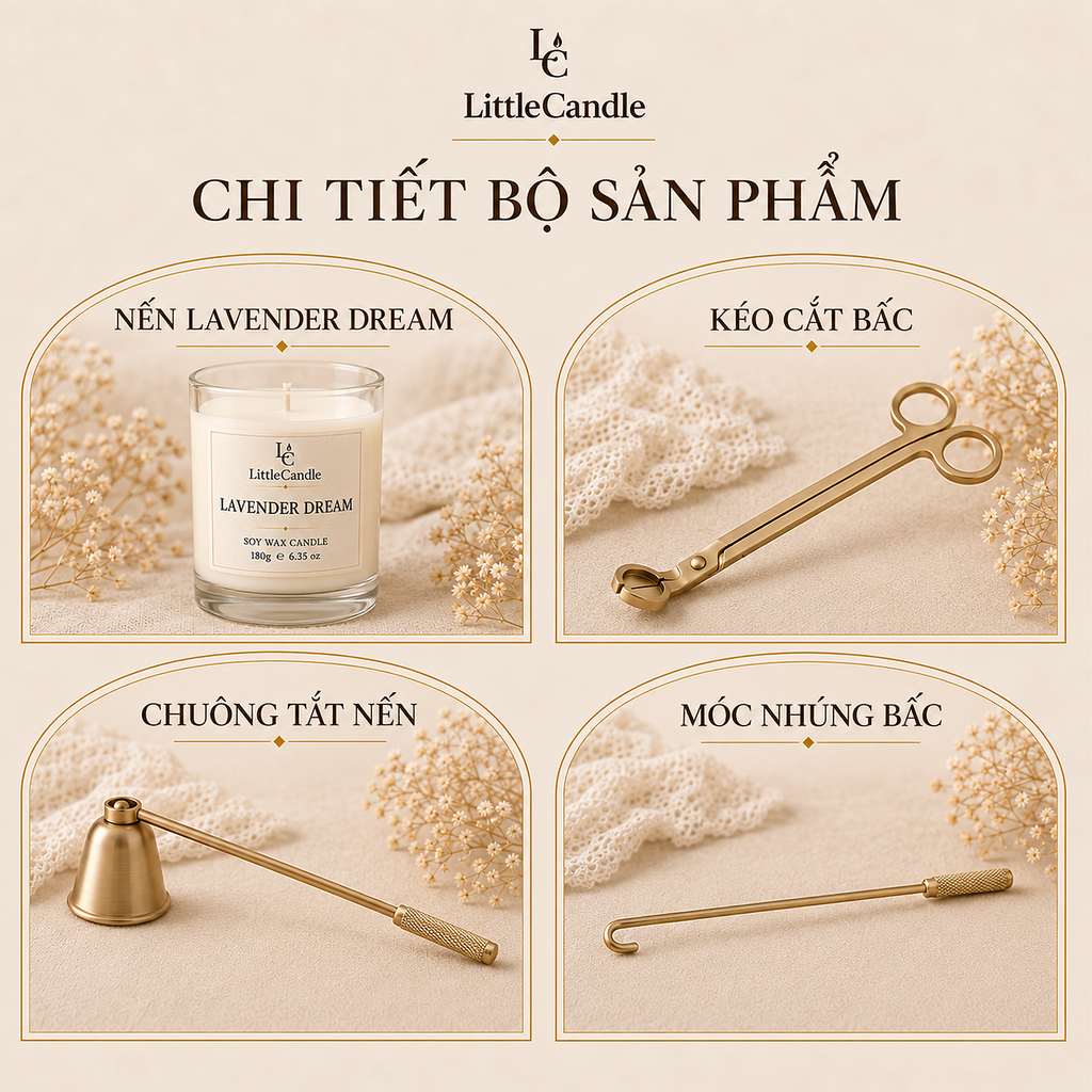 Bộ quà tặng chăm sóc nến LittleCandle gồm nến hương oải hương và bộ dụng cụ chăm sóc nến – GS-003