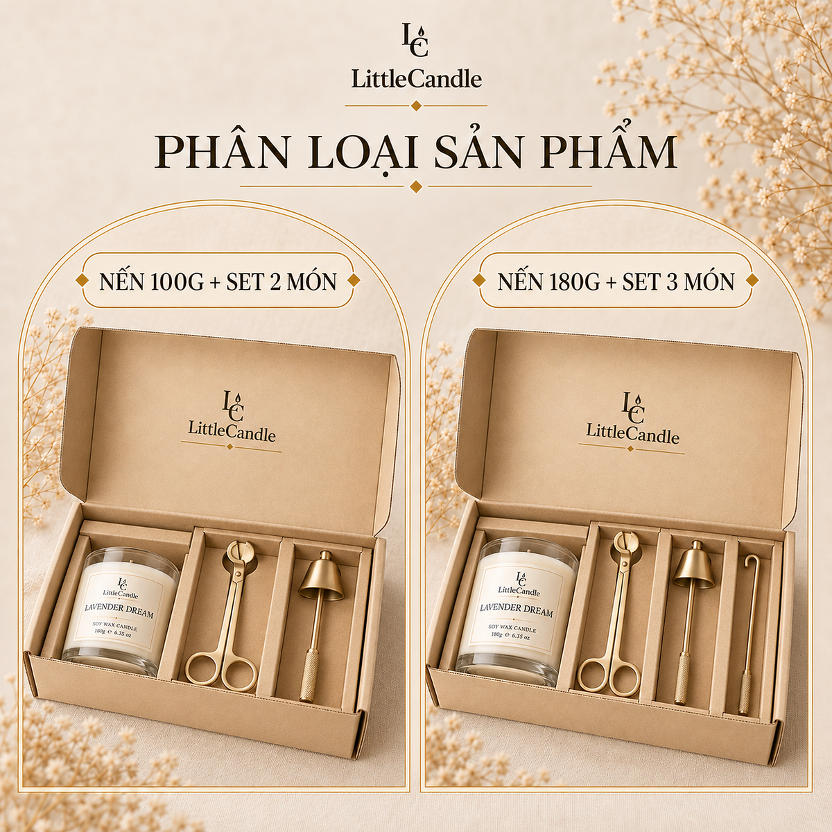 Bộ quà tặng chăm sóc nến LittleCandle gồm nến hương oải hương và bộ dụng cụ chăm sóc nến – GS-003