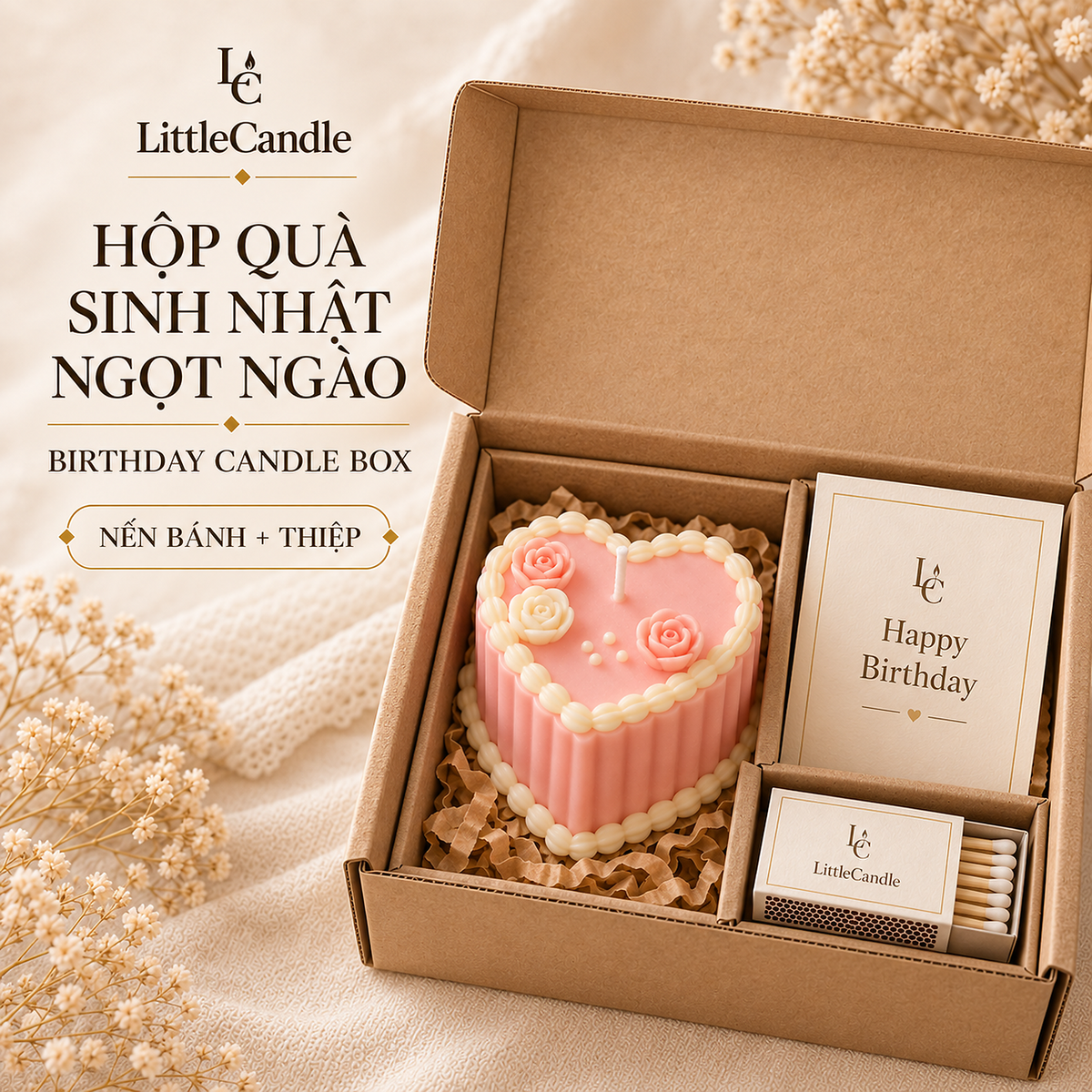 Bộ quà tặng sinh nhật LittleCandle gồm nến bánh trái tim, hộp diêm và thiệp cá nhân hóa – GS-004