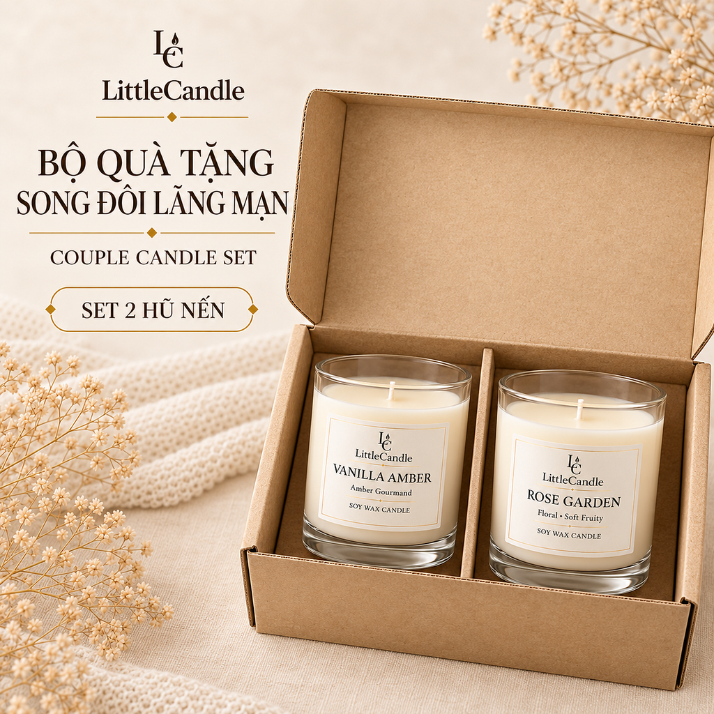 Bộ quà tặng nến đôi LittleCandle hương vani hổ phách và hoa hồng, dành tặng dịp kỷ niệm – GS-005