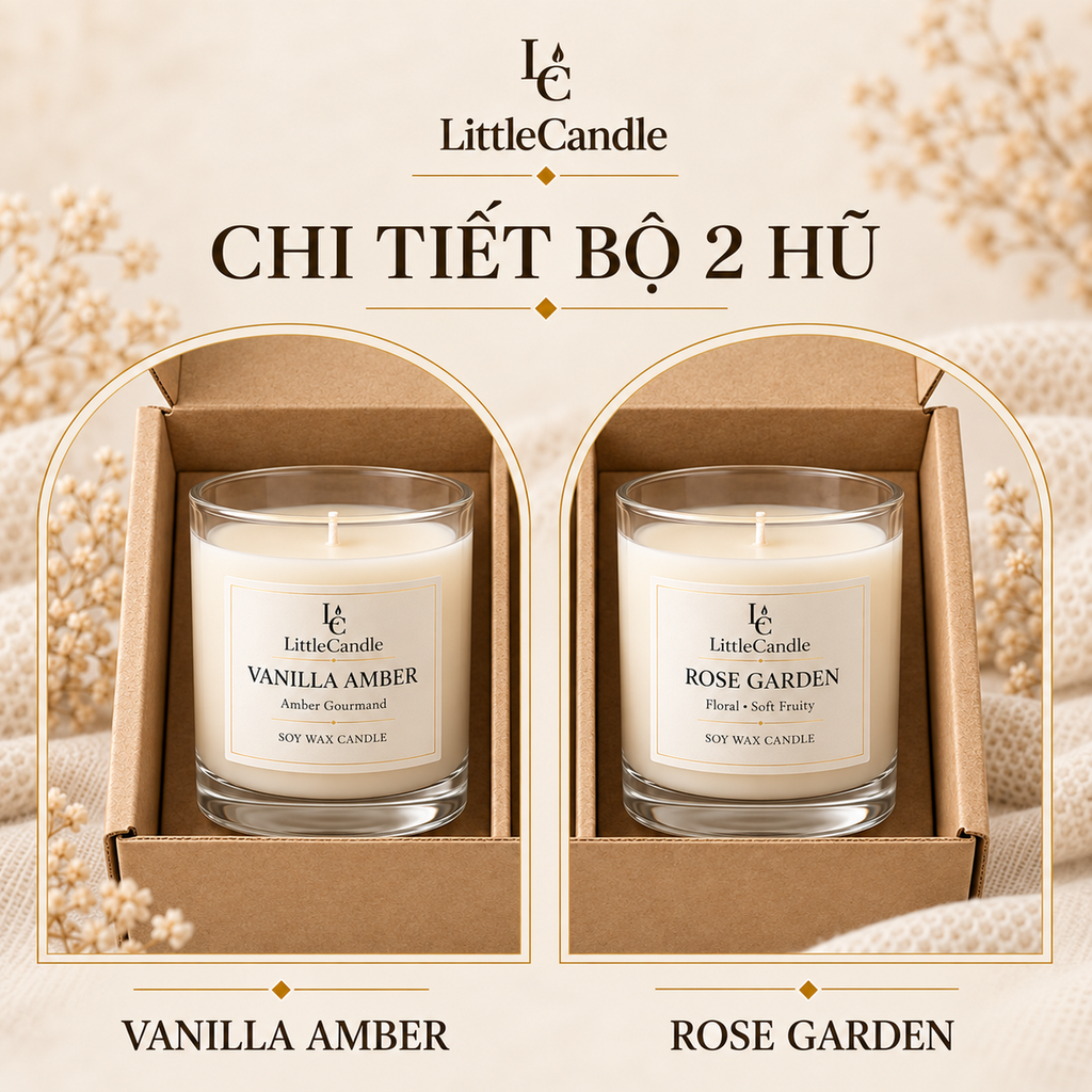 Bộ quà tặng nến đôi LittleCandle hương vani hổ phách và hoa hồng, dành tặng dịp kỷ niệm – GS-005