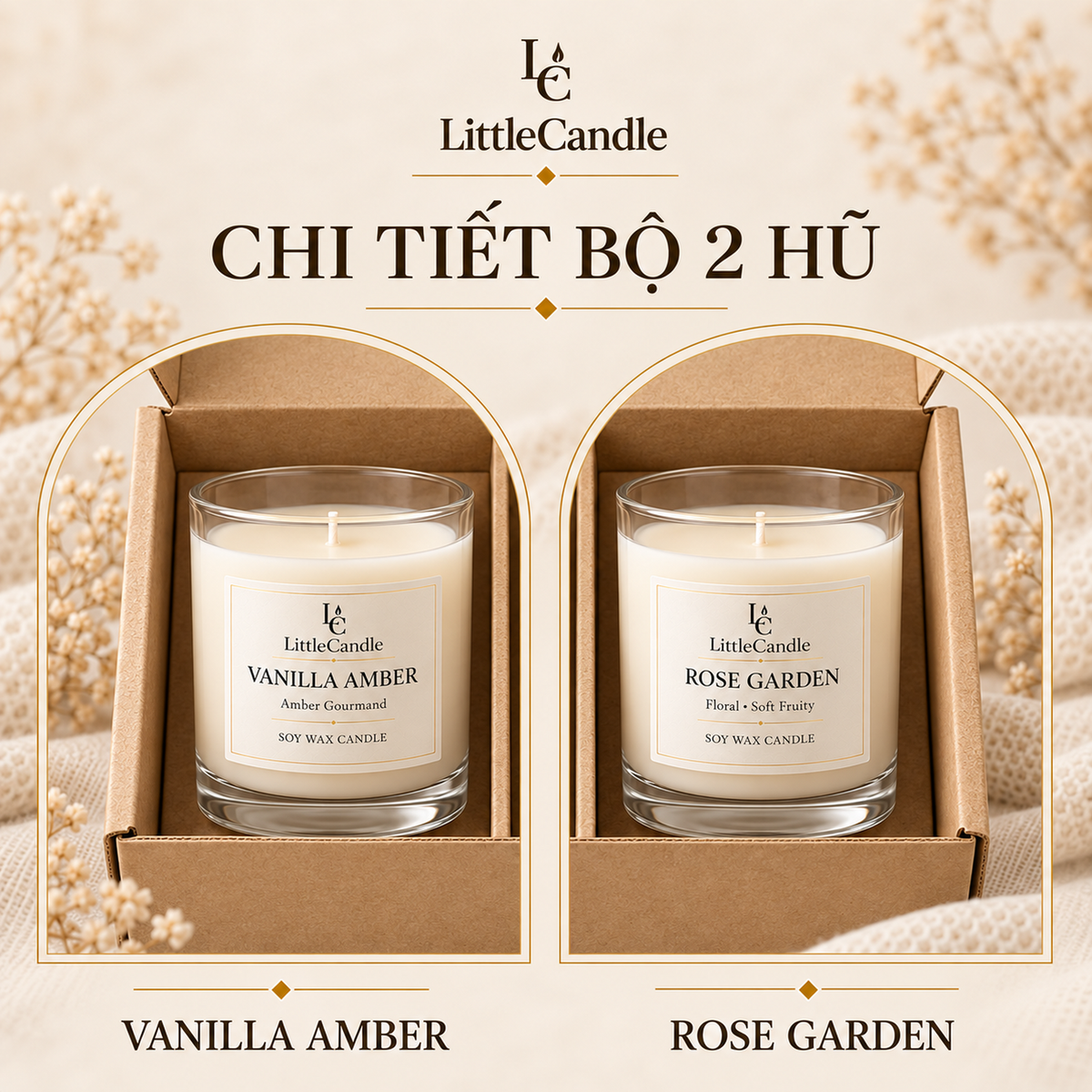 Bộ quà tặng nến đôi LittleCandle hương vani hổ phách và hoa hồng, dành tặng dịp kỷ niệm – GS-005