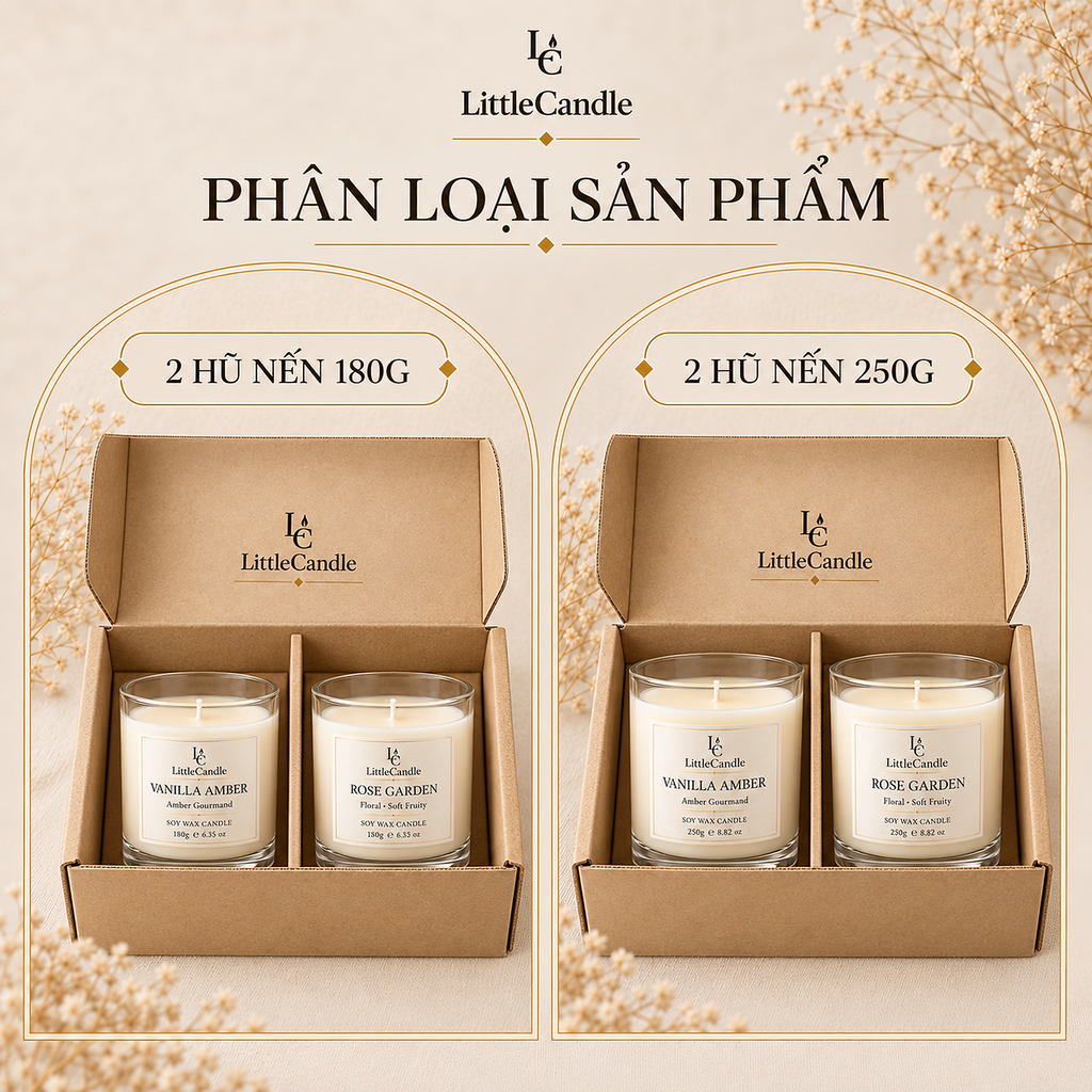 Bộ quà tặng nến đôi LittleCandle hương vani hổ phách và hoa hồng, dành tặng dịp kỷ niệm – GS-005