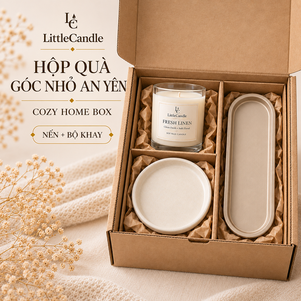 Bộ quà tặng tân gia LittleCandle gồm nến hương vải sạch, đĩa gốm và khay trang trí – GS-006