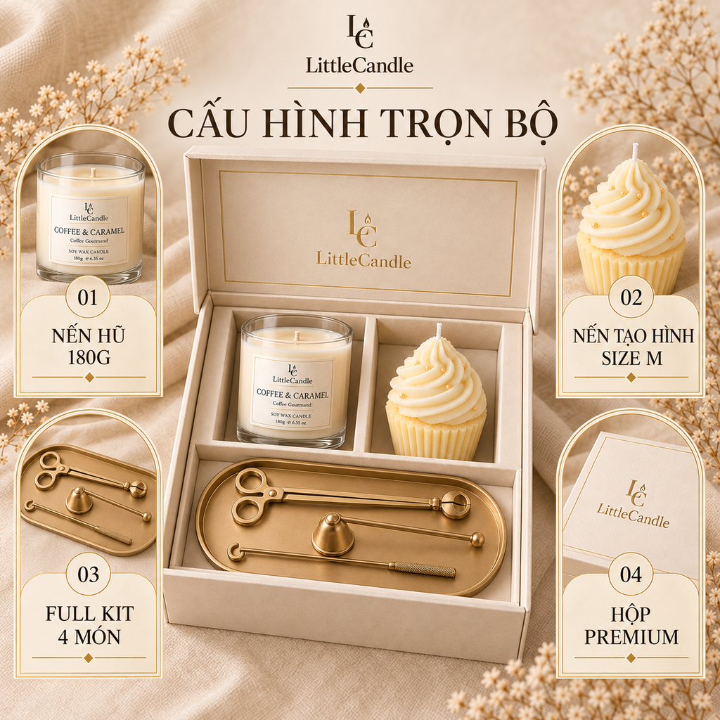 Bộ quà tặng nến thơm cao cấp LittleCandle gồm nến hương cà phê caramel, nến bánh kem vani và bộ dụng cụ chăm sóc – GS-008